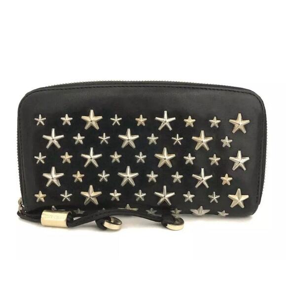 Authentic Jimmy Choo Filipa Star Studded Black Leather Zip Around Long Wallet - Picture 1 of 8